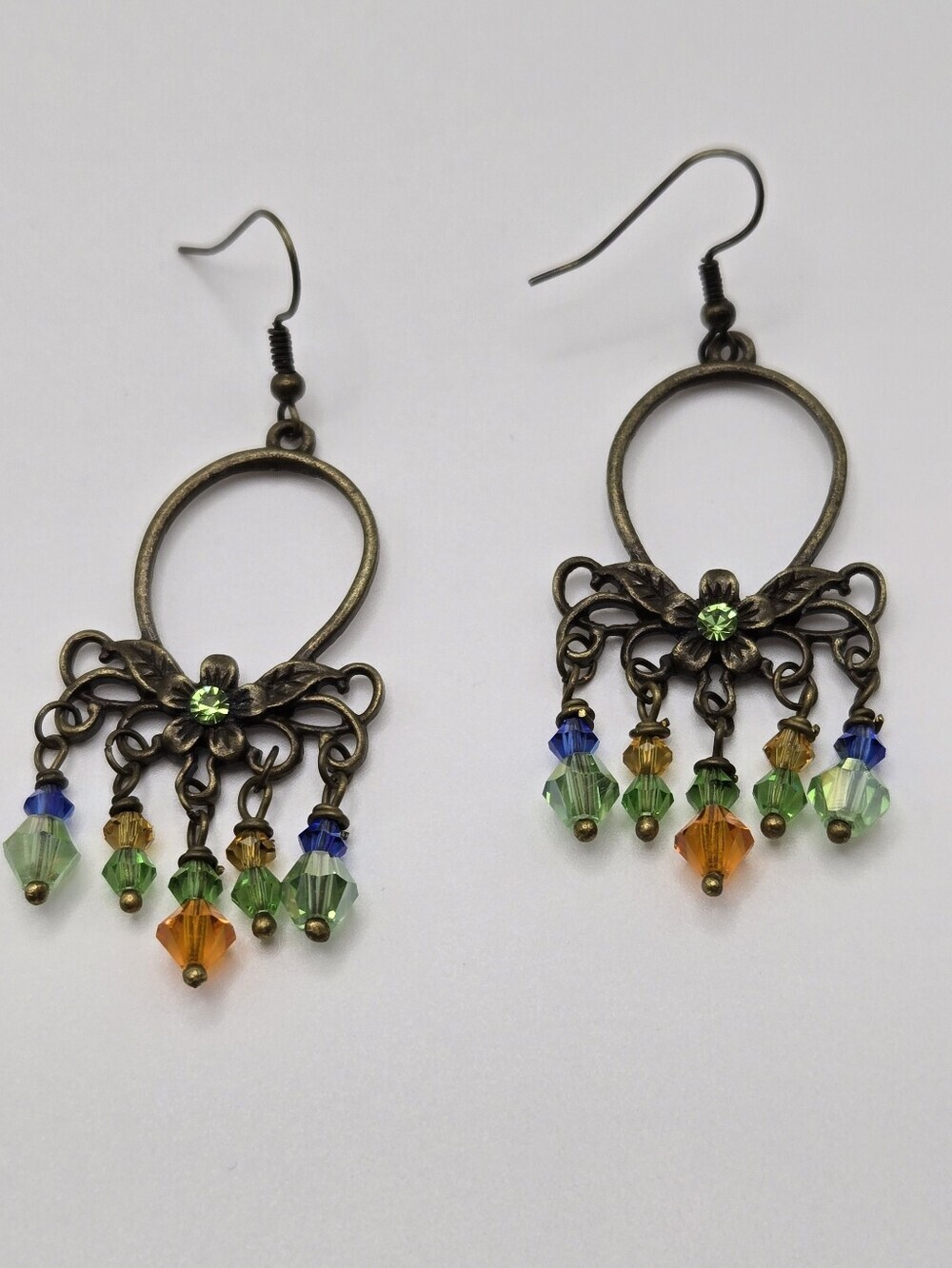 Dangle Earrings Victorian Boho Bronze Tone Beaded 2.5in Drop Hook Backing